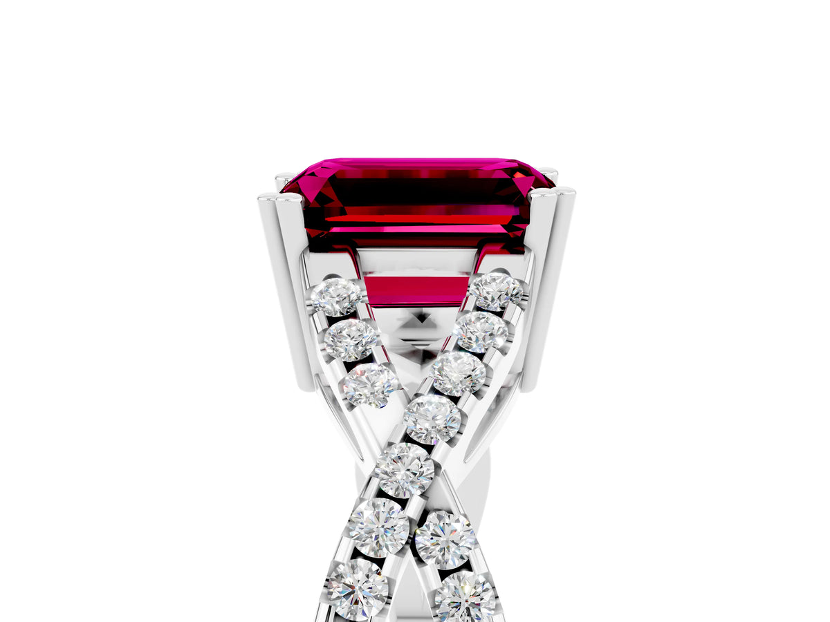 Emerald Cut Garnet Solitaire Ring in Silver with Interwoven Pavé Band and Prong Setting_11