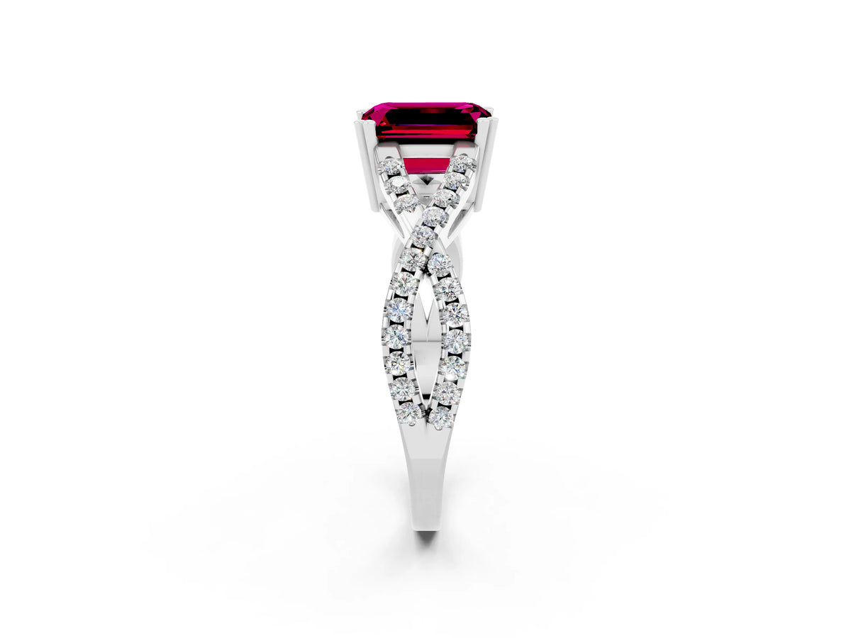 Emerald Cut Garnet Solitaire Ring in Silver with Interwoven Pavé Band and Prong Setting_8
