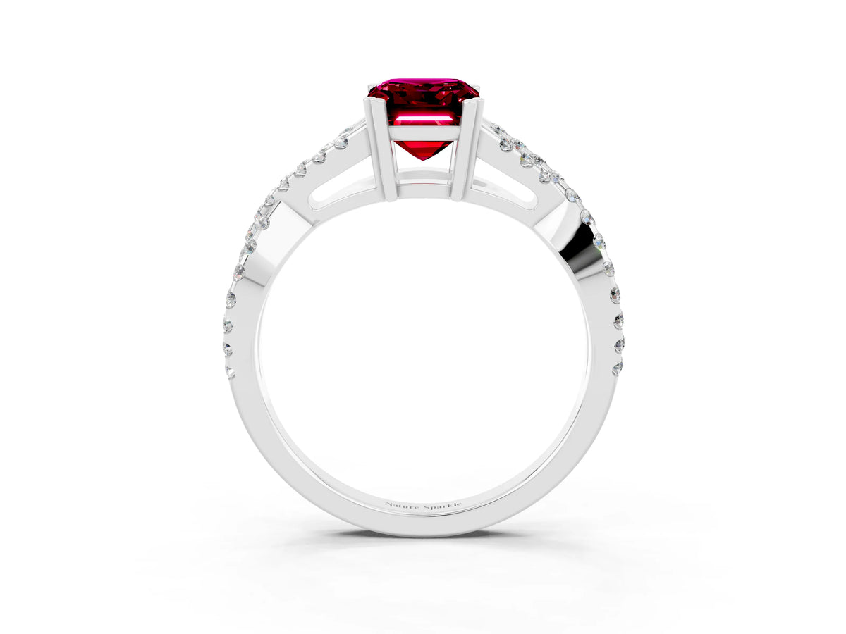 Emerald Cut Garnet Solitaire Ring in Silver with Interwoven Pavé Band and Prong Setting_9