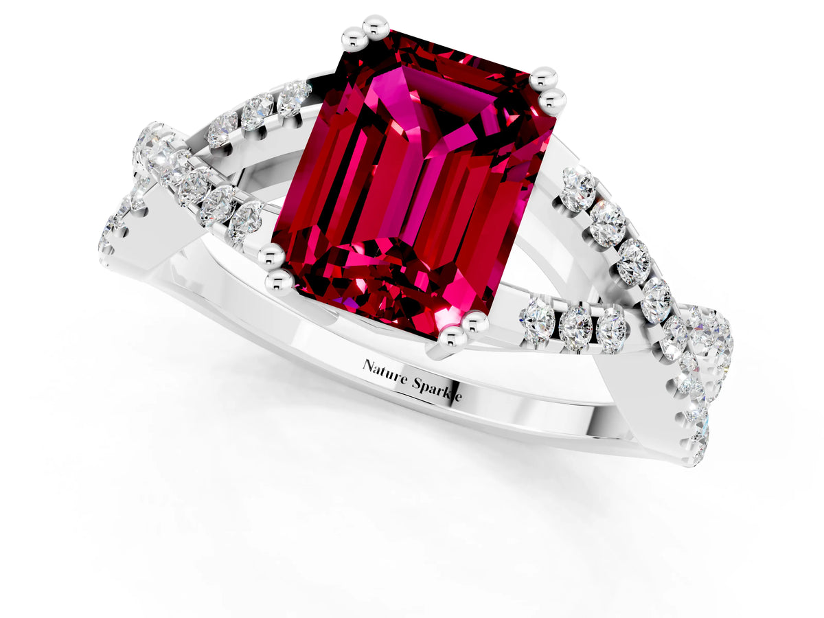 Emerald Cut Garnet Solitaire Ring in White gold with Interwoven Pavé Band and Prong Setting_1