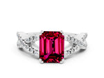 Emerald Cut Garnet Solitaire Ring in White gold with Interwoven Pavé Band and Prong Setting