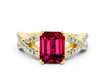 Emerald Cut Garnet Solitaire Ring in Yellow gold with Interwoven Pavé Band and Prong Setting