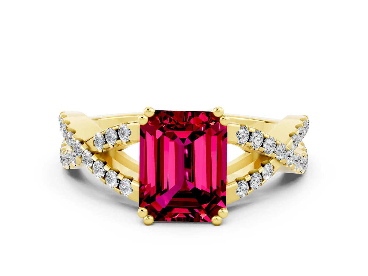 Emerald Cut Garnet Solitaire Ring in Yellow gold with Interwoven Pavé Band and Prong Setting