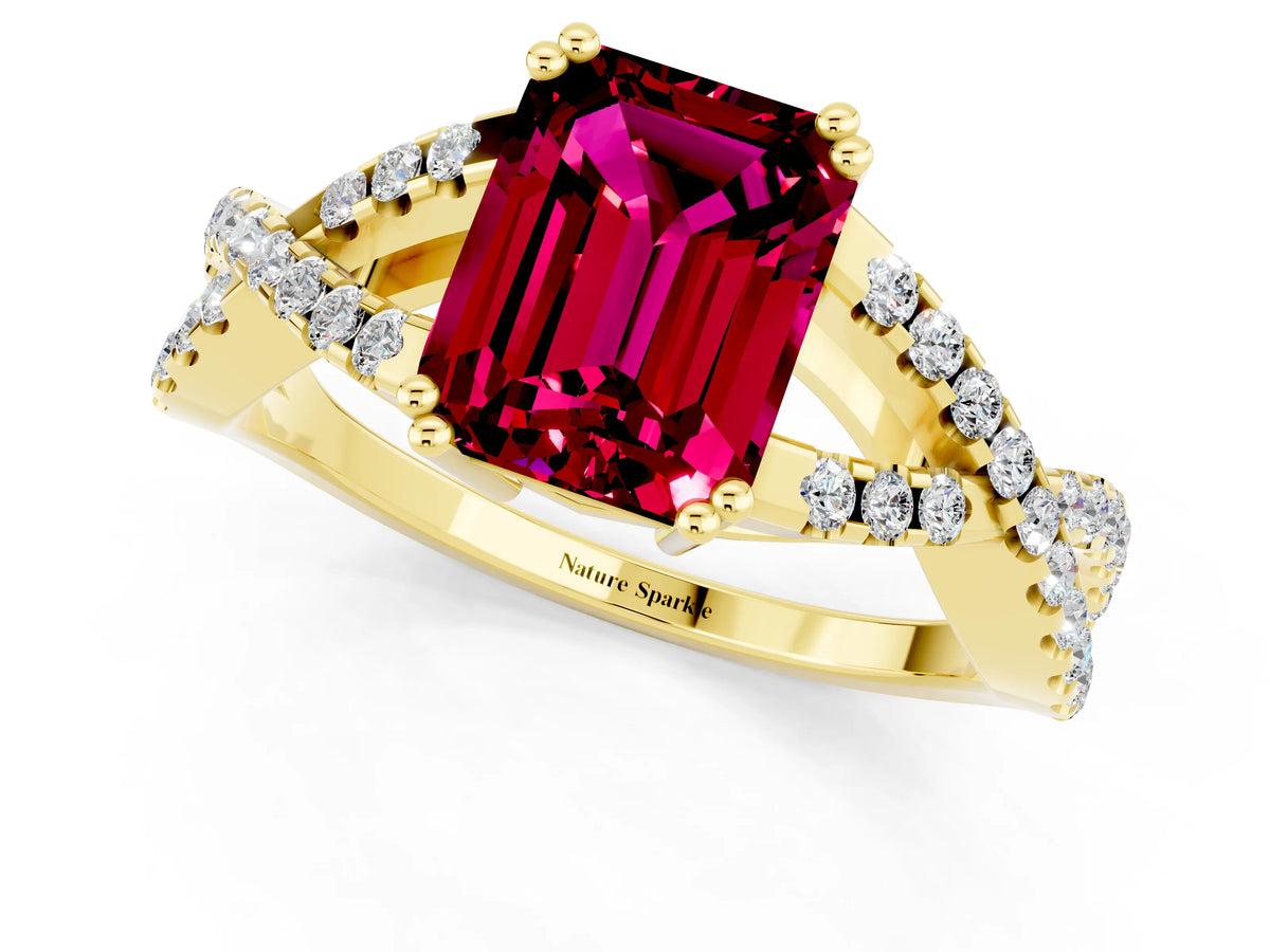 Emerald Cut Garnet Solitaire Ring in Yellow gold with Interwoven Pavé Band and Prong Setting_1