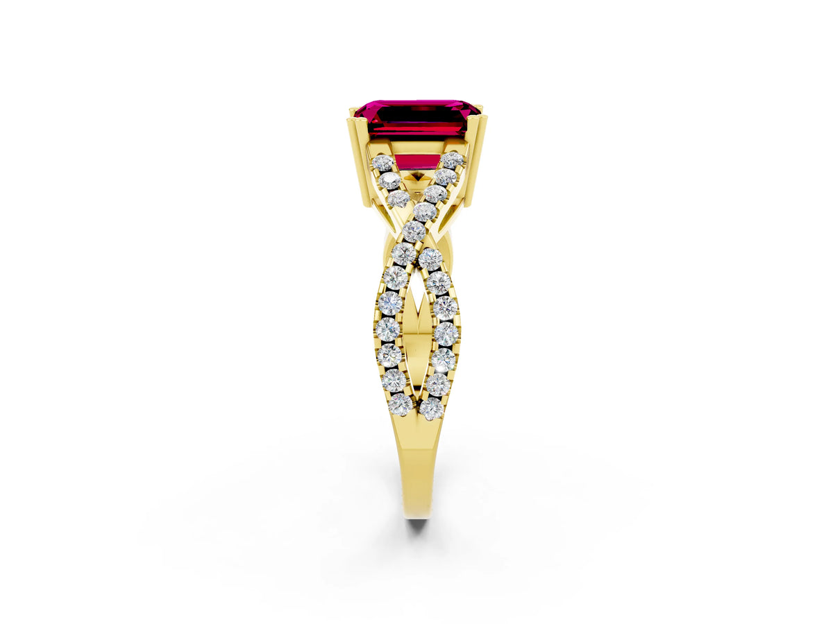 Emerald Cut Garnet Solitaire Ring in Yellow gold with Interwoven Pavé Band and Prong Setting_2