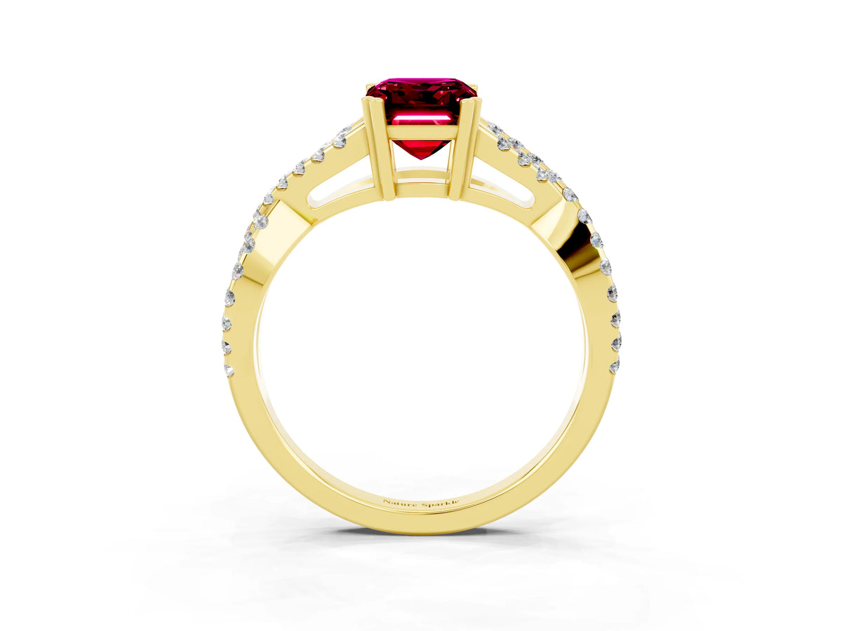 Emerald Cut Garnet Solitaire Ring in Yellow gold with Interwoven Pavé Band and Prong Setting_3