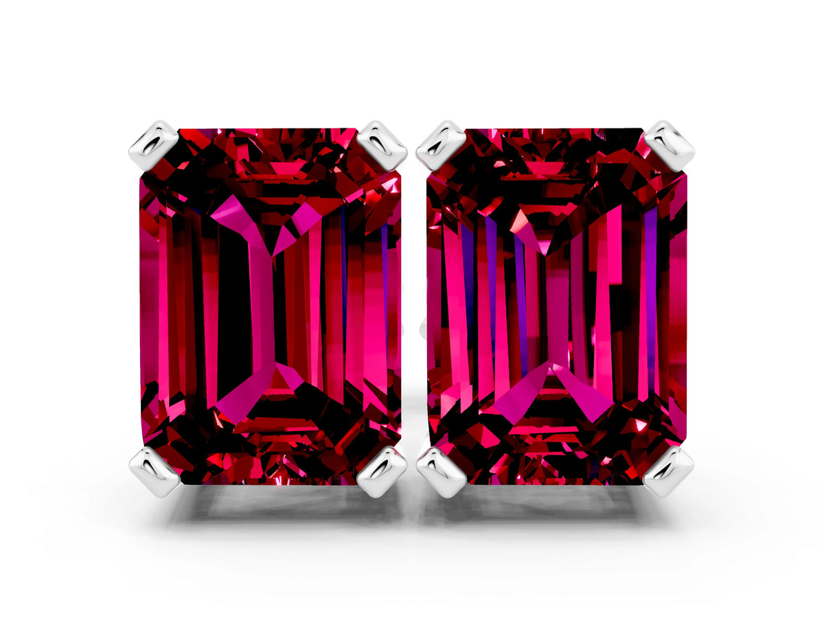Emerald Cut Garnet Stud Earrings in White gold with Basket Setting