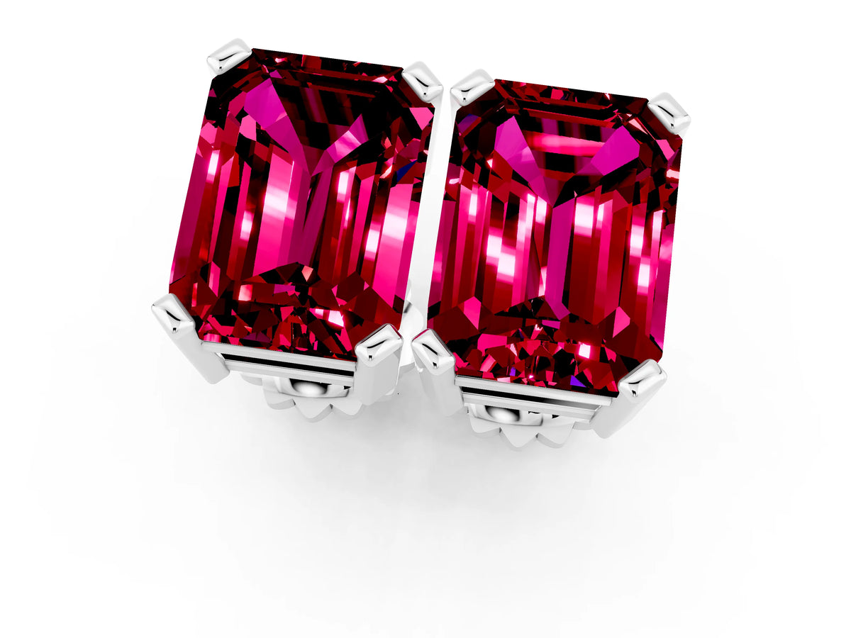 Emerald Cut Garnet Stud Earrings in White gold with Basket Setting_1