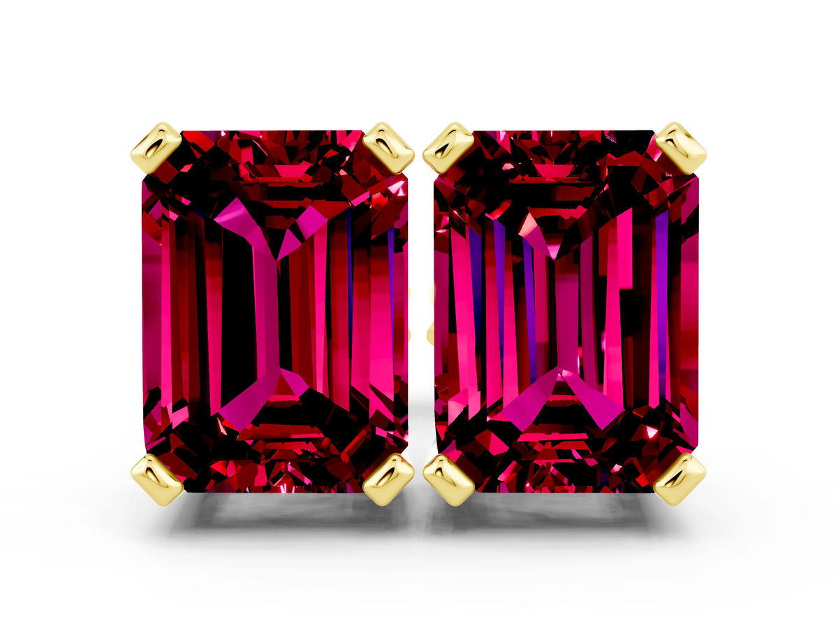 Emerald Cut Garnet Stud Earrings in Yellow gold with Basket Setting