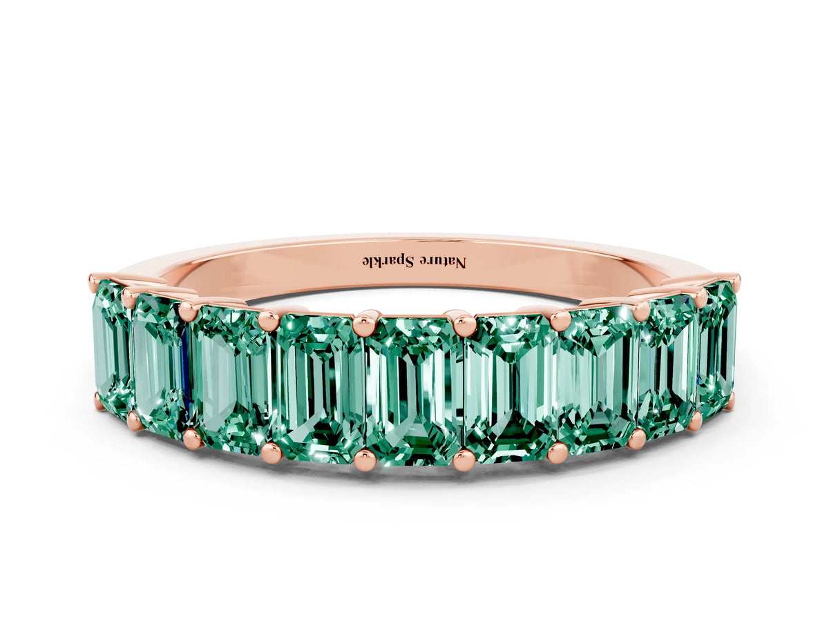 Emerald Cut Green Sapphire Eternity Band in Rose gold with Prong Setting