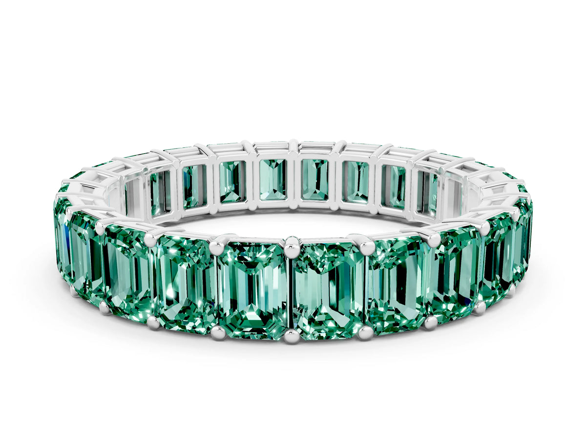 Emerald Cut Green Sapphire Eternity Band in Silver with Aligned Shared Prong Setting