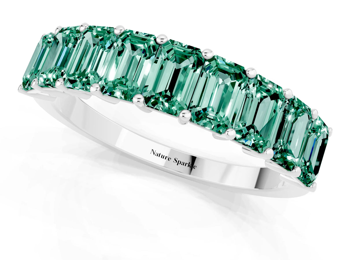 Emerald Cut Green Sapphire Eternity Band in White gold with Prong Setting_1