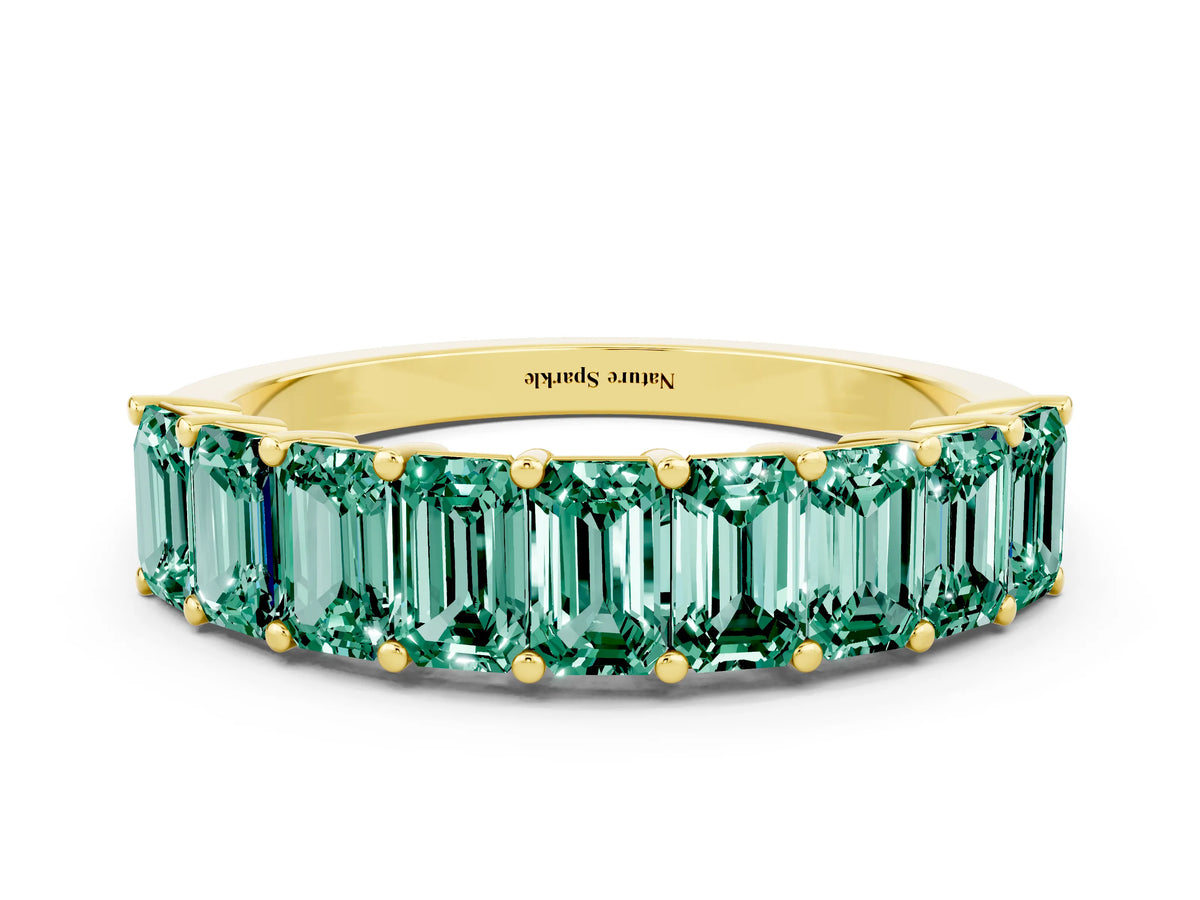Emerald Cut Green Sapphire Eternity Band in Yellow gold with Prong Setting