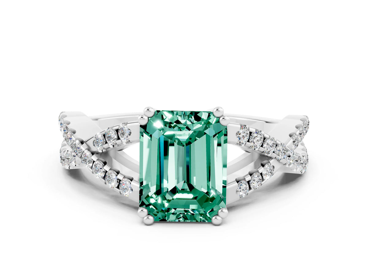 Emerald Cut Green Sapphire Solitaire Ring in Platinum with Interwoven Pavé Band and Prong Setting_6