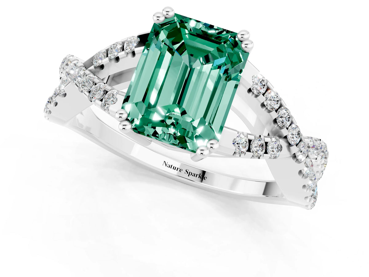 Emerald Cut Green Sapphire Solitaire Ring in Platinum with Interwoven Pavé Band and Prong Setting_7