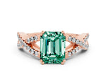 Emerald Cut Green Sapphire Solitaire Ring in Rose gold with Interwoven Pavé Band and Prong Setting