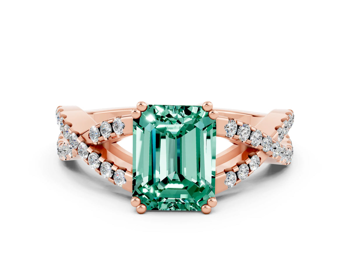 Emerald Cut Green Sapphire Solitaire Ring in Rose gold with Interwoven Pavé Band and Prong Setting