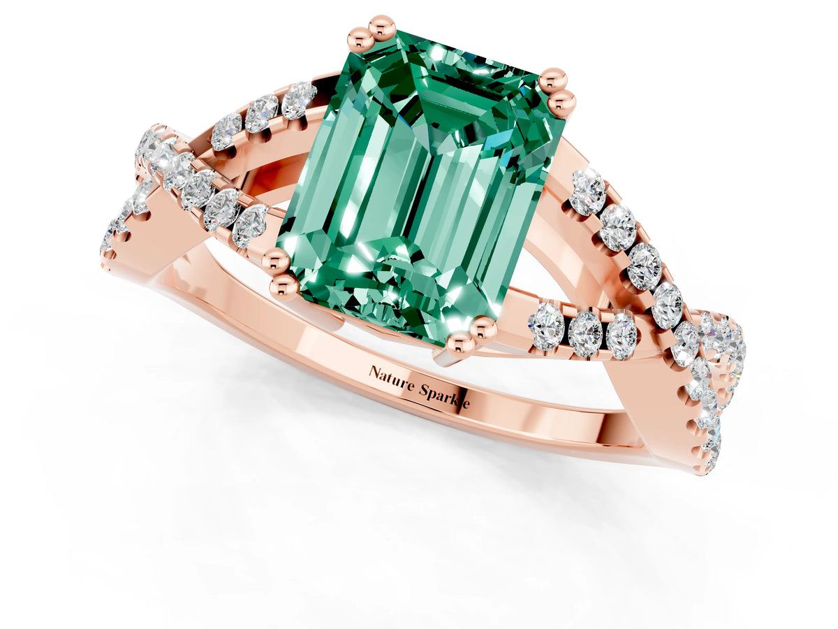 Emerald Cut Green Sapphire Solitaire Ring in Rose gold with Interwoven Pavé Band and Prong Setting_1
