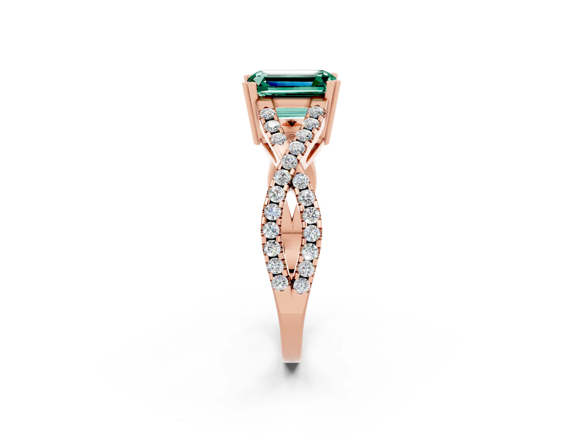 Emerald Cut Green Sapphire Solitaire Ring in Rose gold with Interwoven Pavé Band and Prong Setting_2