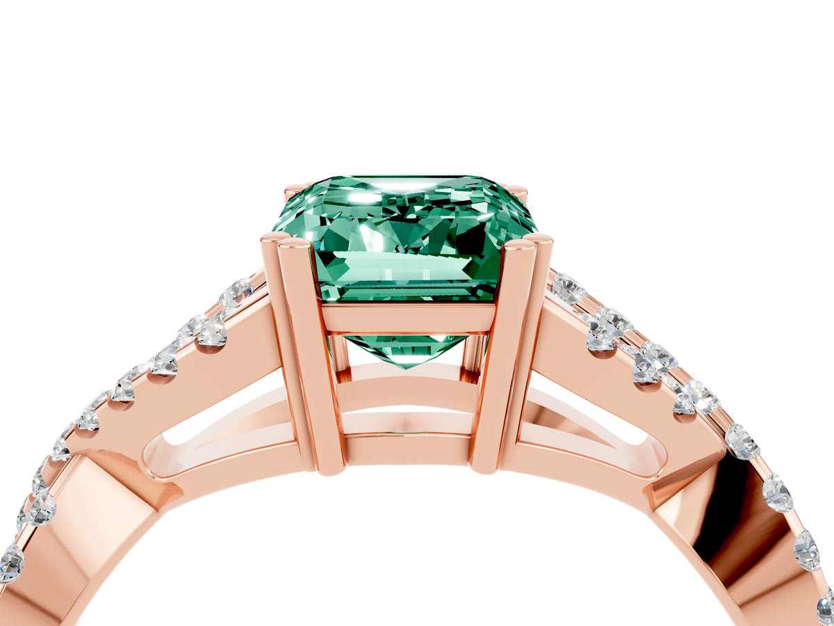 Emerald Cut Green Sapphire Solitaire Ring in Rose gold with Interwoven Pavé Band and Prong Setting_4