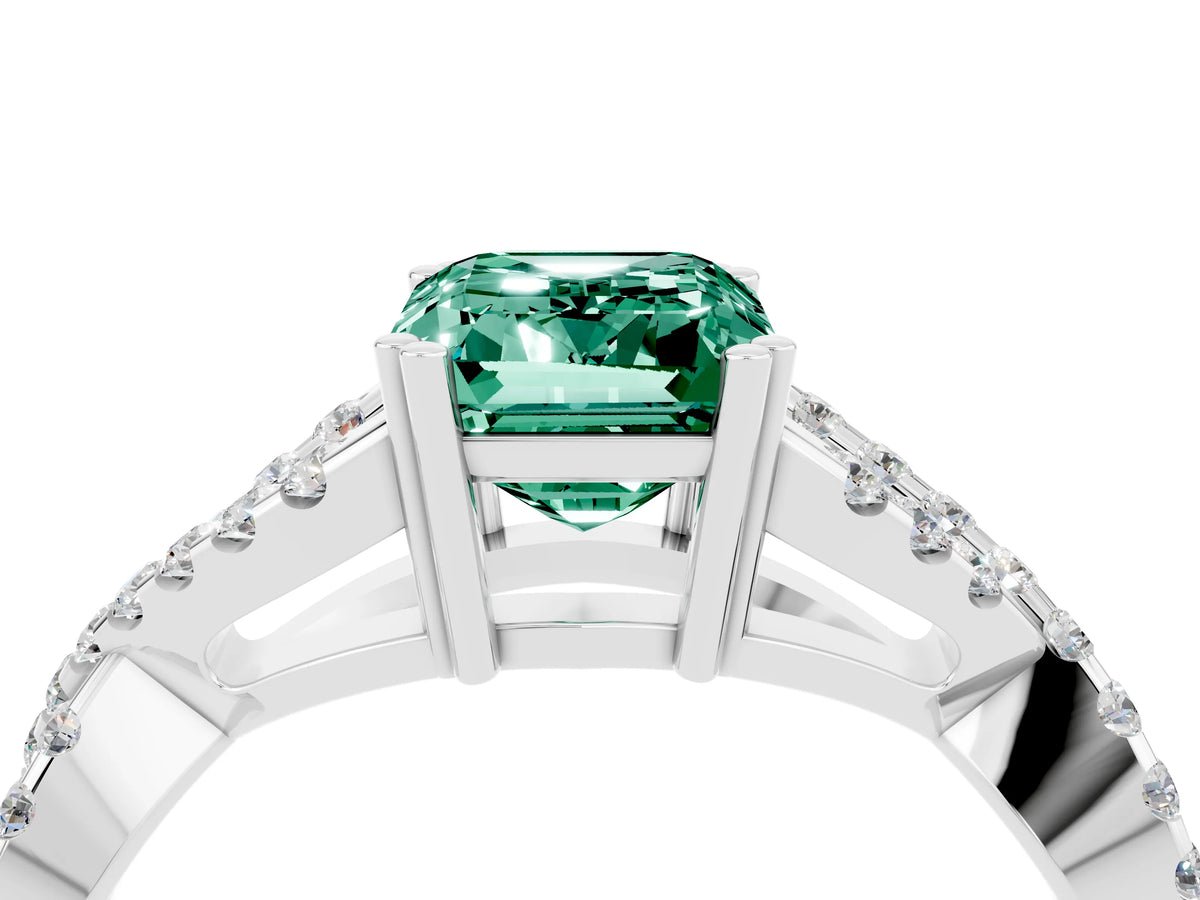 Emerald Cut Green Sapphire Solitaire Ring in Silver with Interwoven Pavé Band and Prong Setting_10