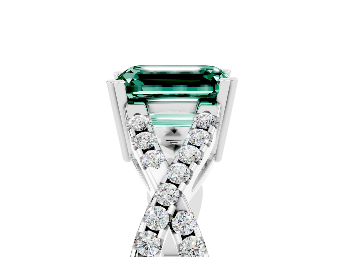 Emerald Cut Green Sapphire Solitaire Ring in Silver with Interwoven Pavé Band and Prong Setting_11