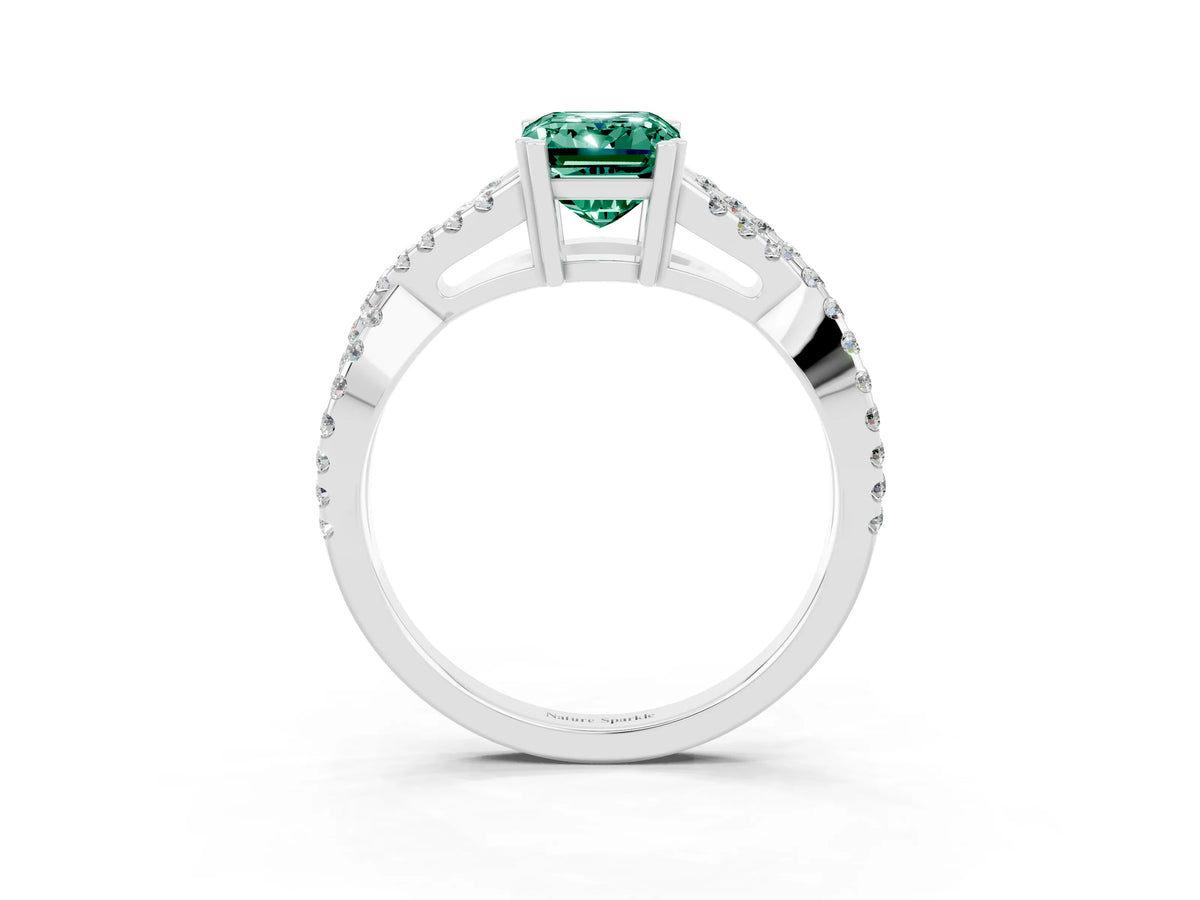 Emerald Cut Green Sapphire Solitaire Ring in Silver with Interwoven Pavé Band and Prong Setting_9