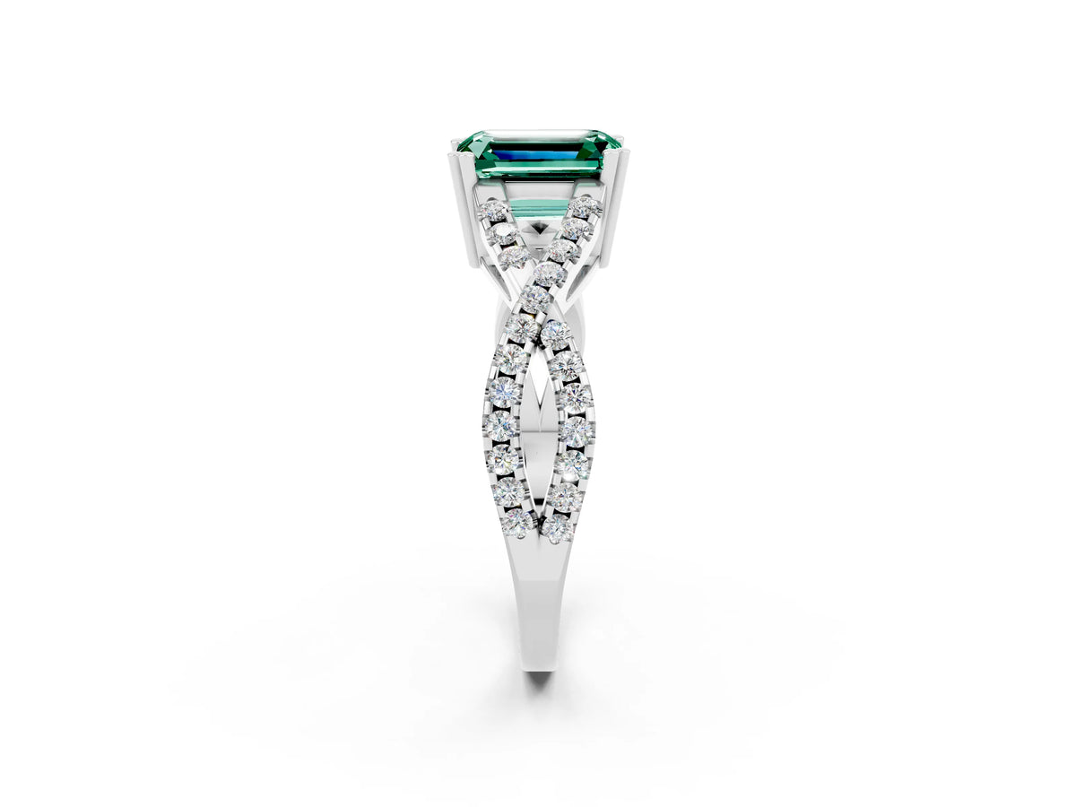 Emerald Cut Green Sapphire Solitaire Ring in White gold with Interwoven Pavé Band and Prong Setting_2