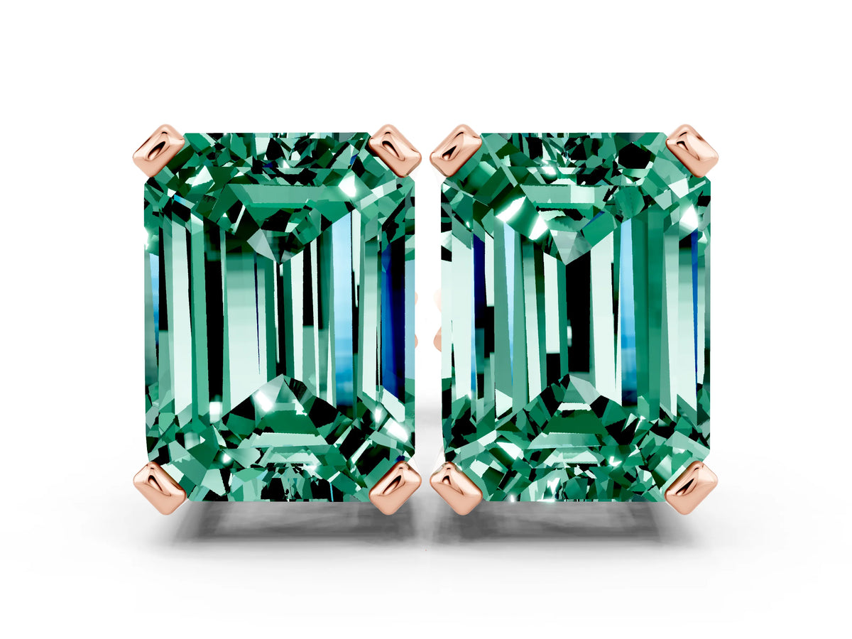 Emerald Cut Green Sapphire Stud Earrings in Rose gold with Basket Setting