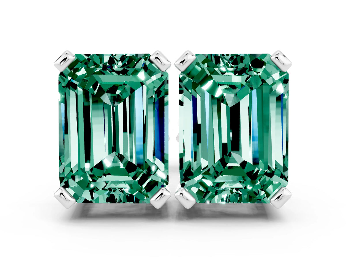Emerald Cut Green Sapphire Stud Earrings in White gold with Basket Setting
