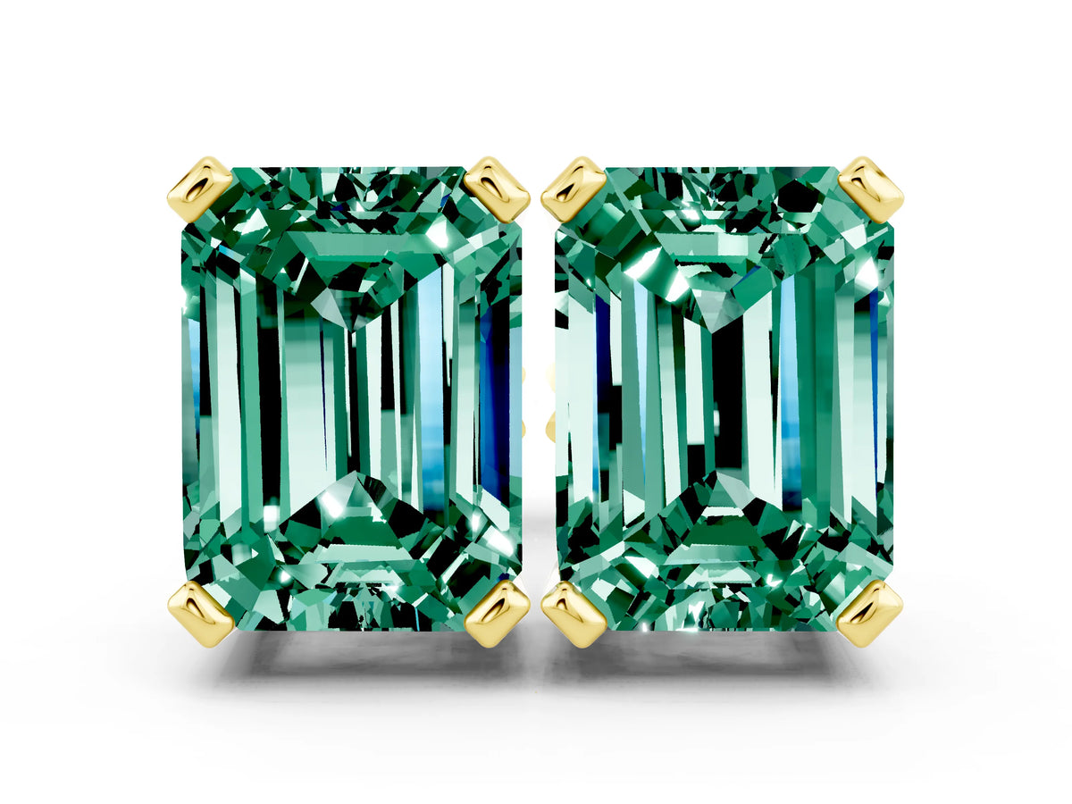 Emerald Cut Green Sapphire Stud Earrings in Yellow gold with Basket Setting