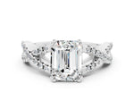 Emerald Cut Moissanite Solitaire Ring in Platinum with Interwoven Pavé Band and Prong Setting_12