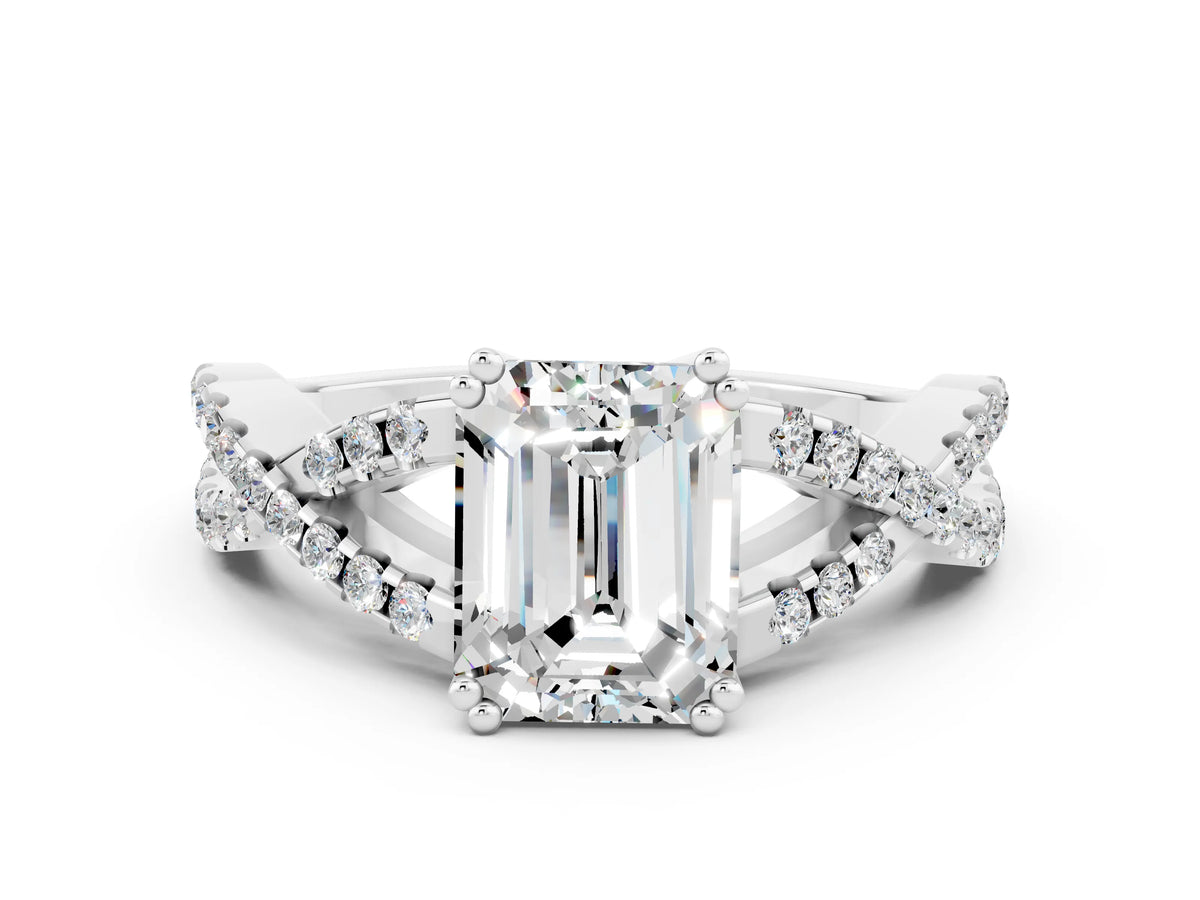 Emerald Cut Moissanite Solitaire Ring in Platinum with Interwoven Pavé Band and Prong Setting_12