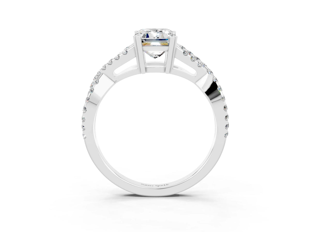 Emerald Cut Moissanite Solitaire Ring in Platinum with Interwoven Pavé Band and Prong Setting_15