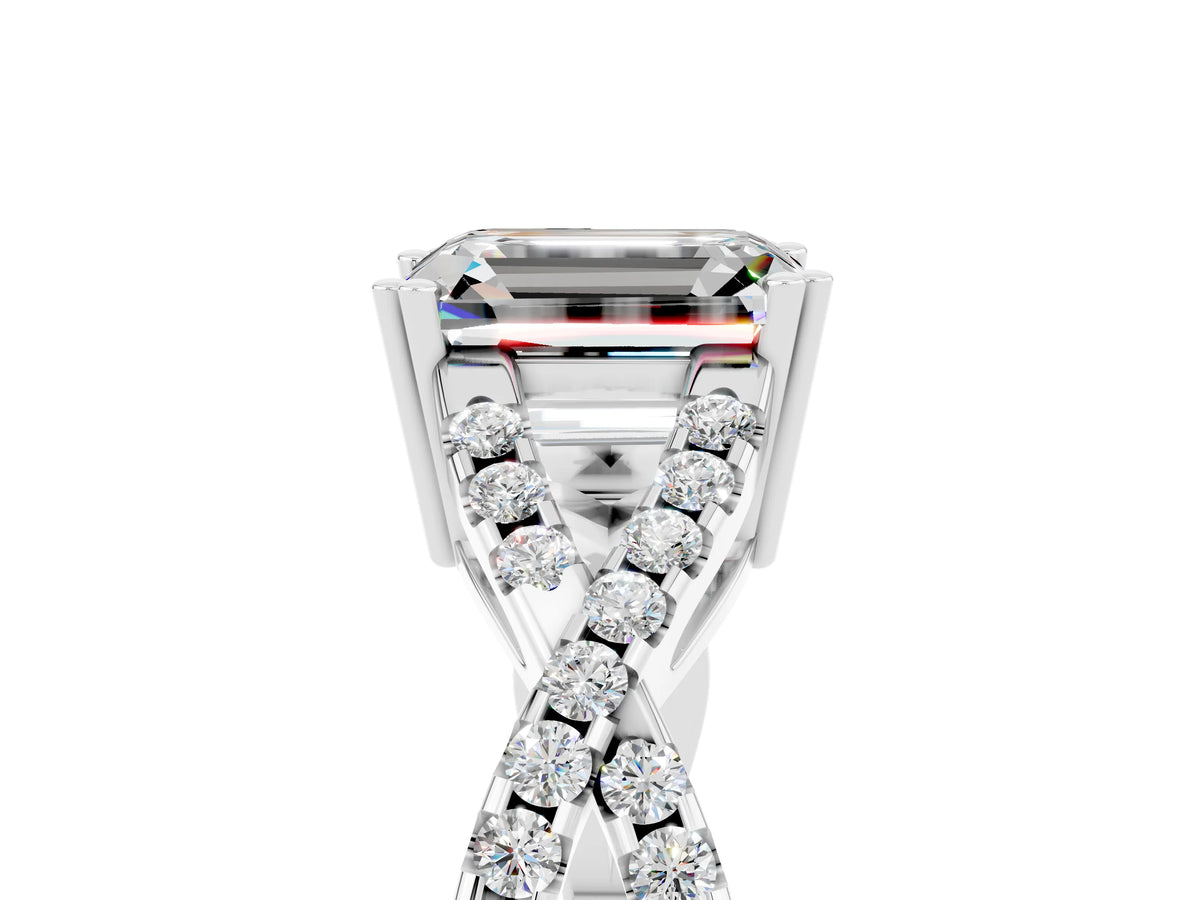 Emerald Cut Moissanite Solitaire Ring in Platinum with Interwoven Pavé Band and Prong Setting_17