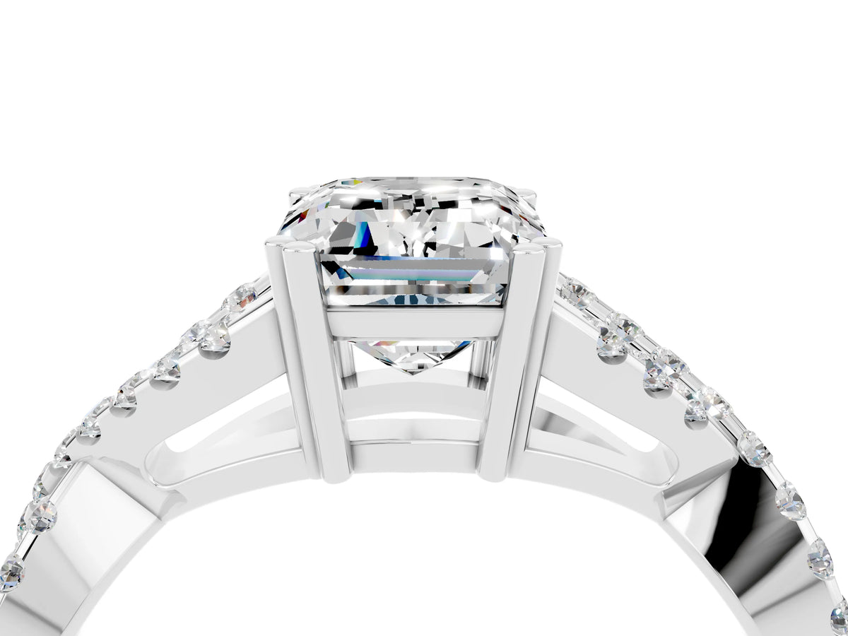 Emerald Cut Moissanite Solitaire Ring in Silver with Interwoven Pavé Band and Prong Setting_10