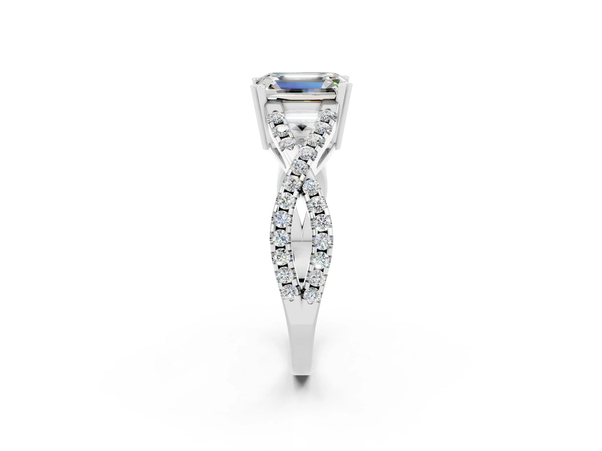 Emerald Cut Moissanite Solitaire Ring in Silver with Interwoven Pavé Band and Prong Setting_8