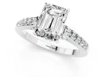 Emerald Cut Moissanite Solitaire Ring in White gold with Crossover Gallery and Round Pavé Band_1