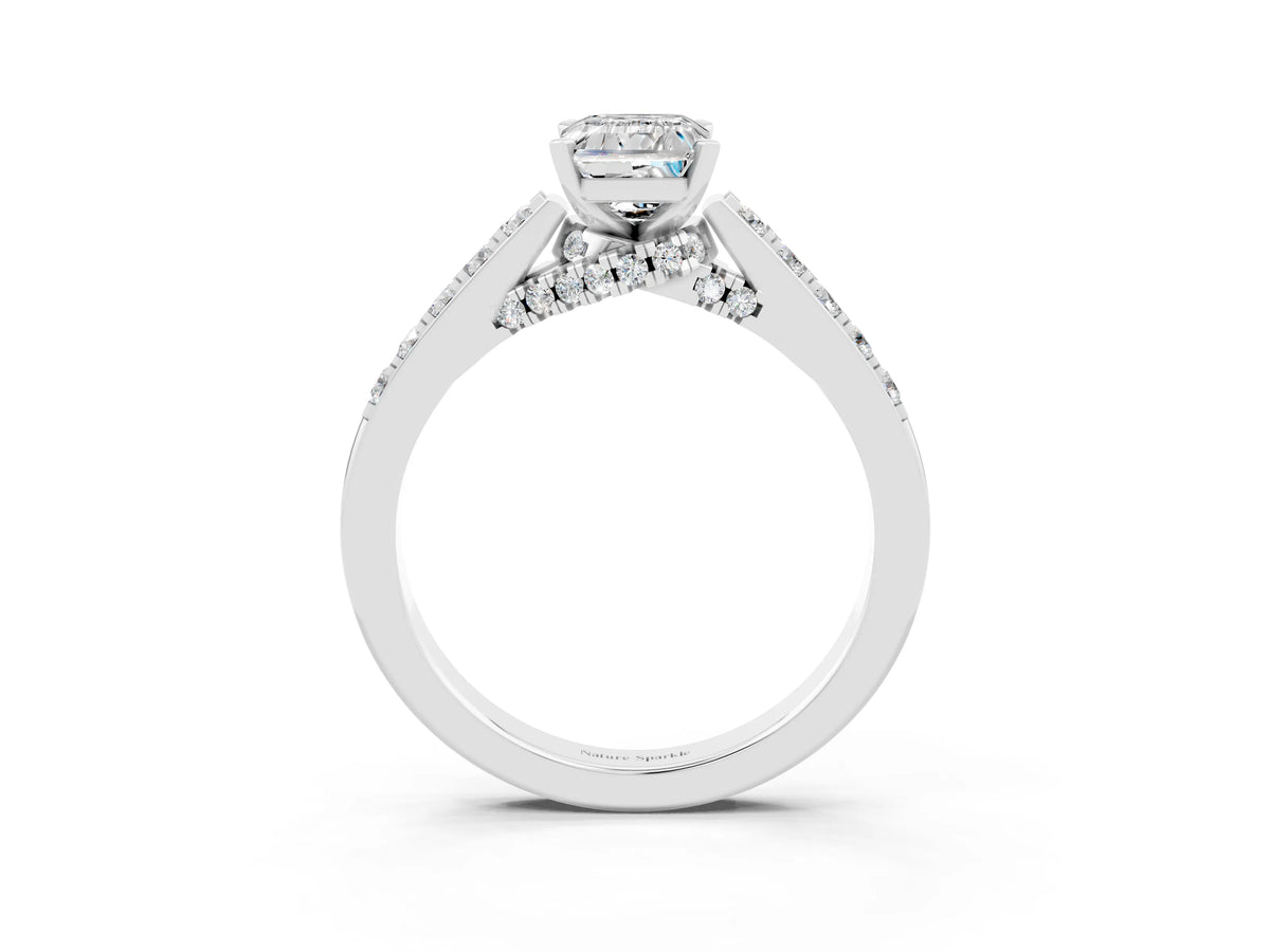 Emerald Cut Moissanite Solitaire Ring in White gold with Crossover Gallery and Round Pavé Band_3