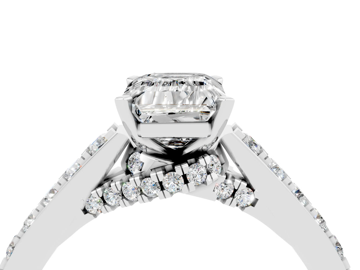 Emerald Cut Moissanite Solitaire Ring in White gold with Crossover Gallery and Round Pavé Band_4