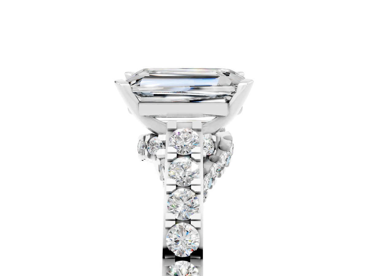 Emerald Cut Moissanite Solitaire Ring in White gold with Crossover Gallery and Round Pavé Band_5