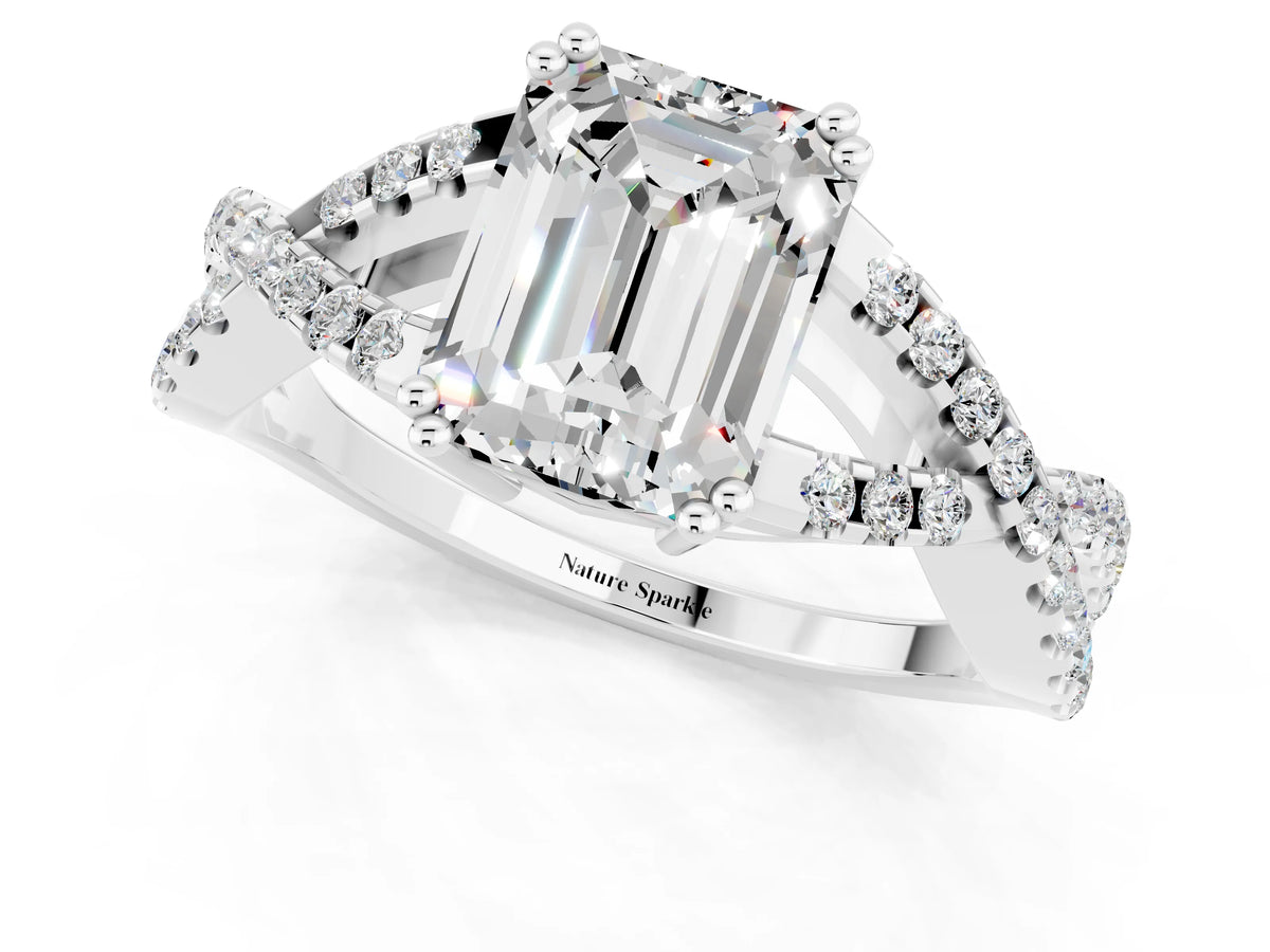 Emerald Cut Moissanite Solitaire Ring in White gold with Interwoven Pavé Band and Prong Setting_1