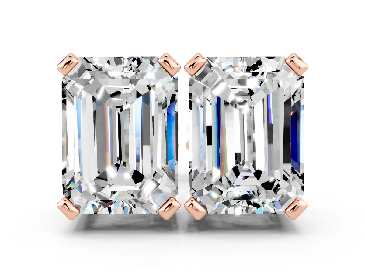 Emerald Cut Moissanite Stud Earrings in Rose gold with Basket Setting