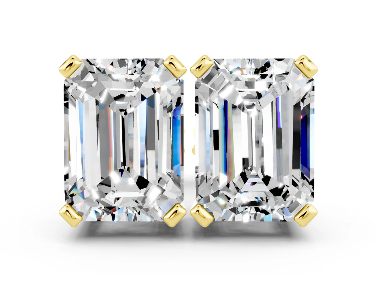 Emerald Cut Moissanite Stud Earrings in Yellow gold with Basket Setting