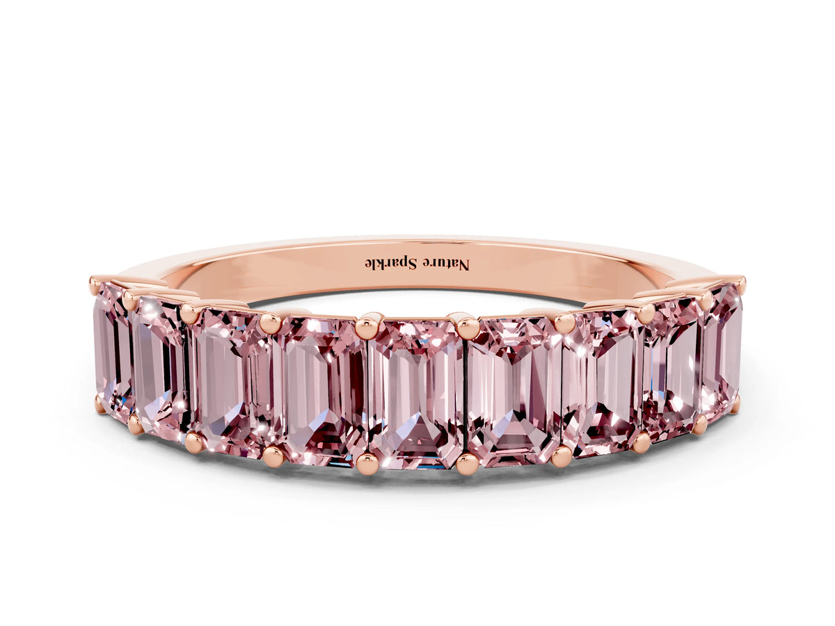 Emerald Cut Morganite Eternity Band in Rose gold with Prong Setting