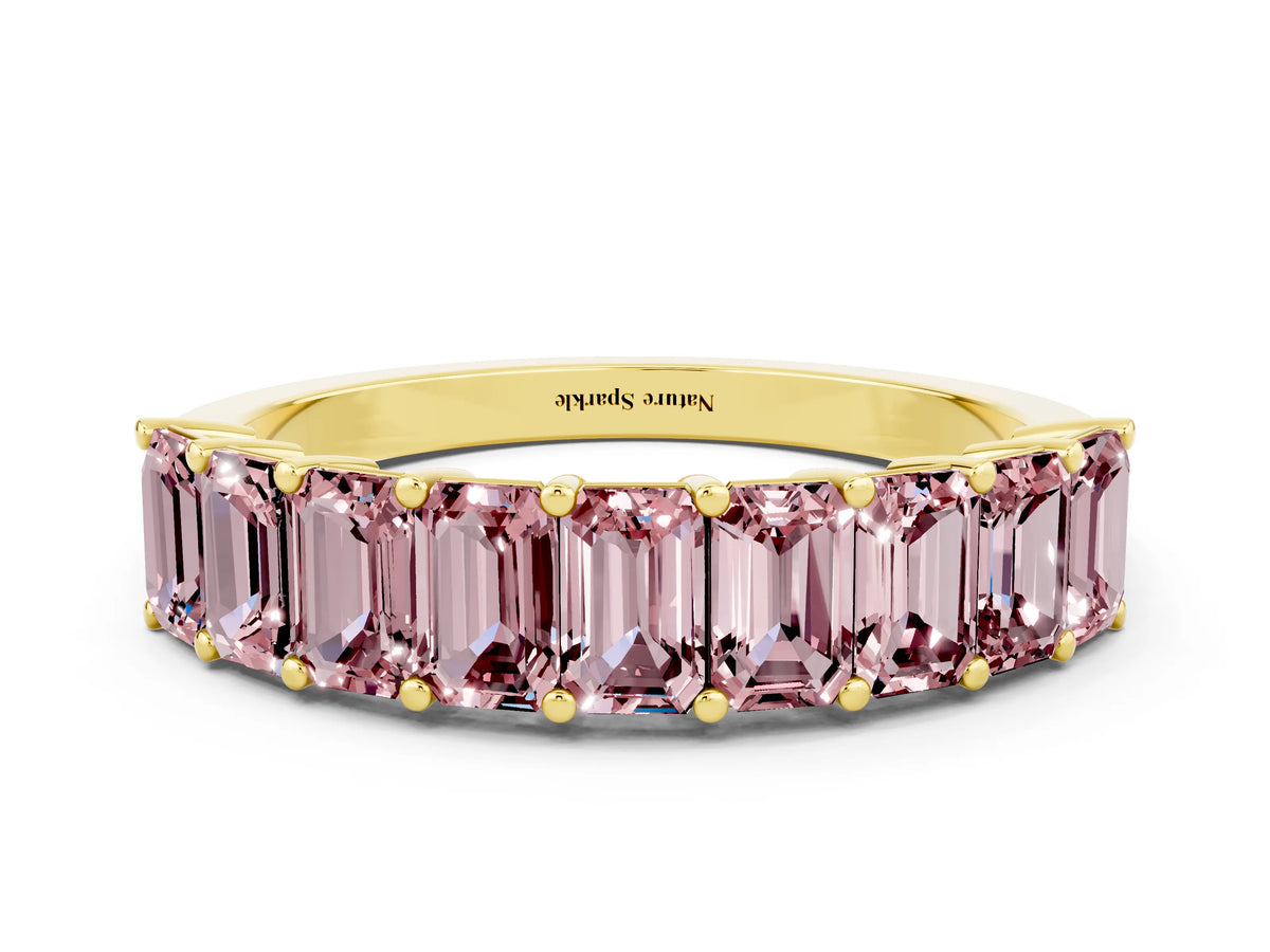 Emerald Cut Morganite Eternity Band in Yellow gold with Prong Setting