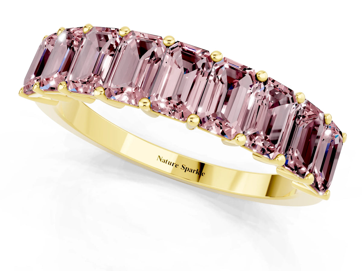 Emerald Cut Morganite Eternity Band in Yellow gold with Prong Setting_1
