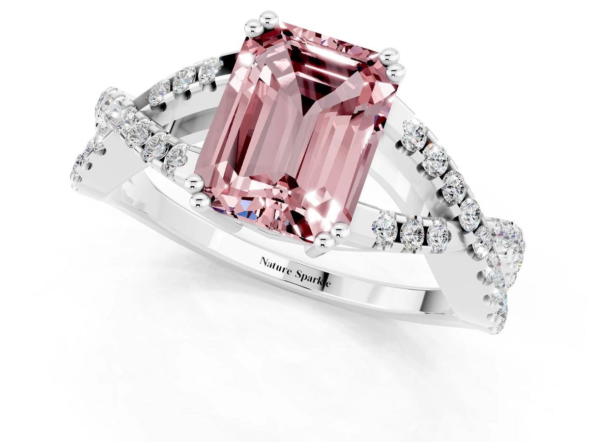 Emerald Cut Morganite Solitaire Ring in Platinum with Interwoven Pavé Band and Prong Setting_7