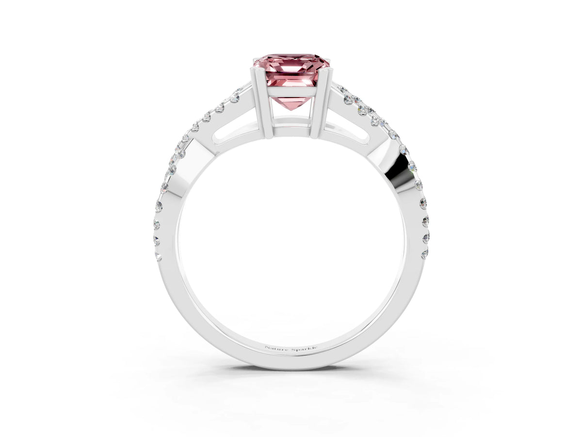 Emerald Cut Morganite Solitaire Ring in Platinum with Interwoven Pavé Band and Prong Setting_9