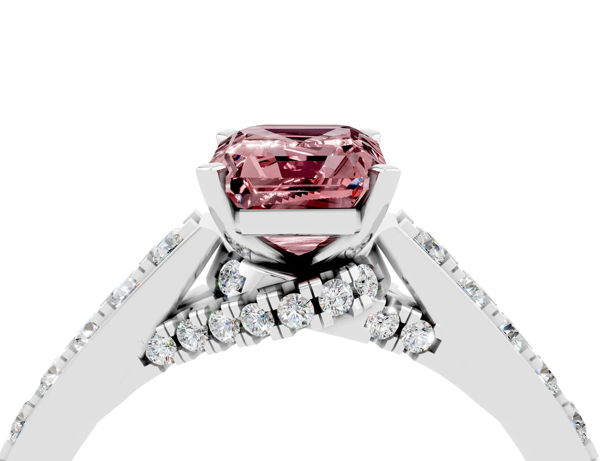 Emerald Cut Morganite Solitaire Ring in Silver with Crossover Gallery and Round Pavé Band_4
